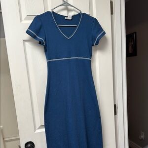 Retro Blue and white stitching V-Neck T-shirt Dress small
